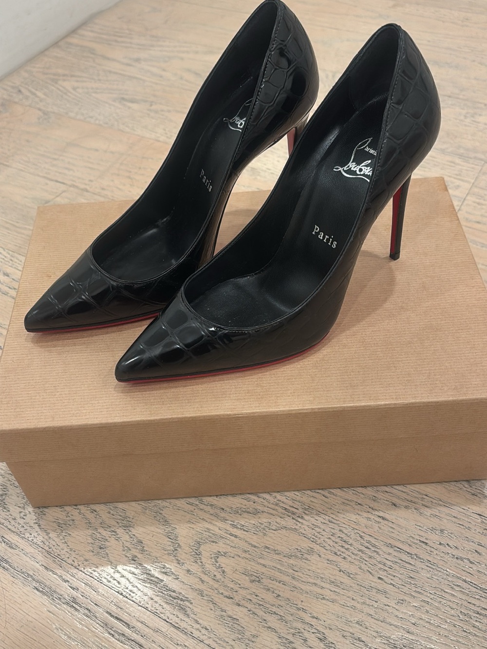 Christian Louboutin Black Patent Croc Pointed Stiletto Pumps with Red Soles